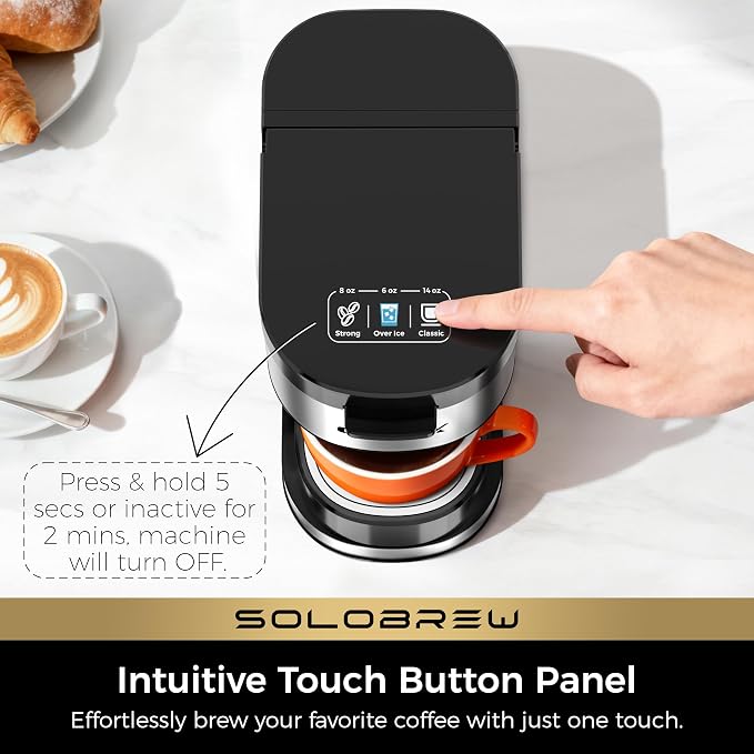 CHULUX SoloBrew Single Serve Coffee Maker for K Cup Pod with Ground Filter | 3 Brew Sizes with Strong & Over Ice Buttons, 14 oz Removable Water Tank, 1000 Watts Instant Heating, Stainless Steel Housing