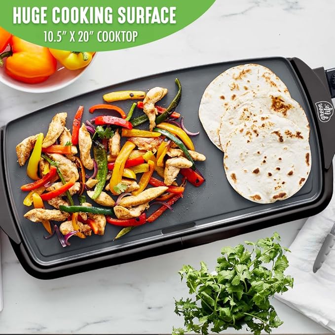 GreenLife 20" Extra Large Electric Griddle, Black | PFAS-Free Ceramic Nonstick Coating, Temperature Control, Removable Dishwasher Safe Drip Tray, Pancakes, Eggs, Omelet, Burgers