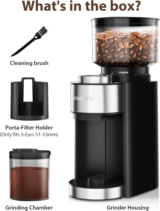 Aromaster Burr Coffee Grinder, 25 Settings, 2-12 Cups, Anti-Static, Black | Stainless Steel, Removable Burr, Brush for Easy Cleaning, Coffee Grinder for Espresso French Press Home Use, Compact, Quiet