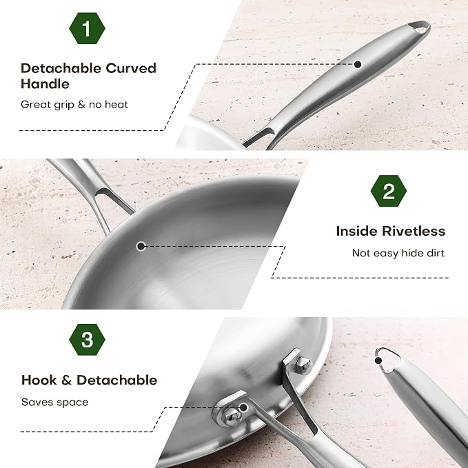10 Inch Stainless Steel Frying Pan with Lid, Tri-Ply Healthy Stainless Steel Cookware, Pan, Skillet on Induction, Ceramic and Gas Cooktops, PFOA Free Cooking Pan, Dishwasher Safe