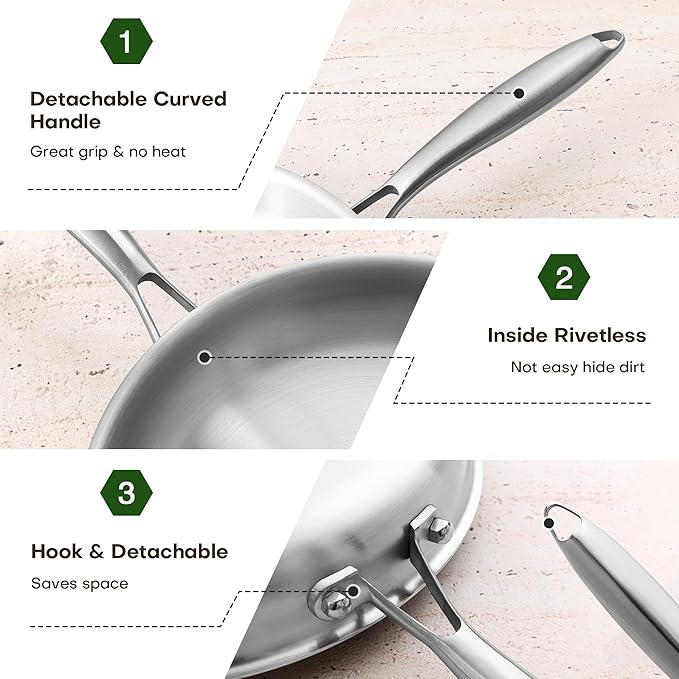 12 Inch Stainless Steel Frying Pan with Lids, Healthy Stainless Steel Skillet, Works on Induction, Ceramic and Gas Cooktops, PFOA Free Cookware, Dishwasher and Oven Safe, Stay-Cool Handle