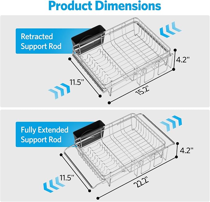 Delamu Over The Sink Dish Drying Rack for Small Kitchen | Expandable Stainless Steel in Sink Dish Drainer, Dish Rack for Kitchen Inside Sink with Utensil Holder, Rustproof, Large