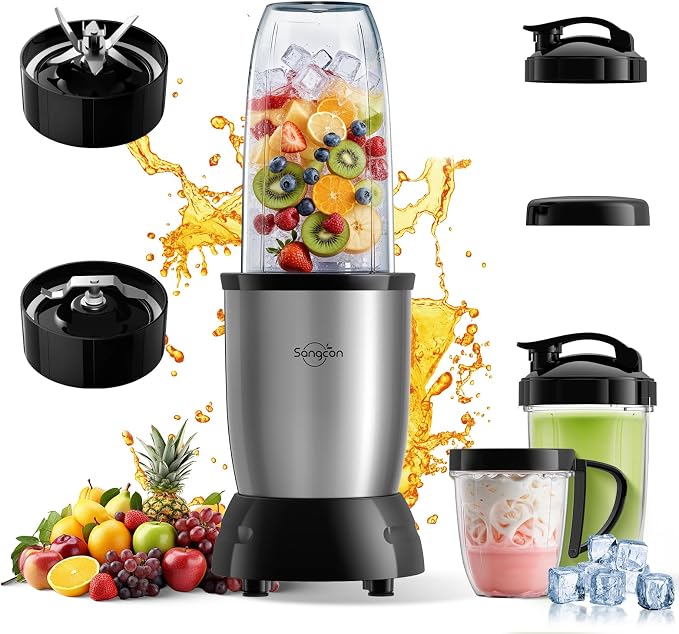 Sangcon 1000W Personal Smoothie Blender, Protein Shakes, Home & Gym, Silver | 37/32/22 oz BPA-Free To-Go Cups with 8-Leaf Blade and Flat 2-Blade Grinder: Ice, Sauces, Coffee, Nuts, Grains, Seeds, Spices