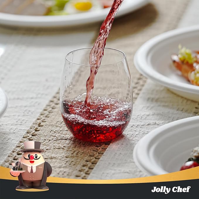 JOLLY CHEF 24 Pack 12oz Plastic Wine Glasses Stemless, Disposable Wine Cups | Shatterproof, Unbreakable, Crystal, Stemless Plastic Wine Cups for Party, Halloween, Thanksgiving, Christmas