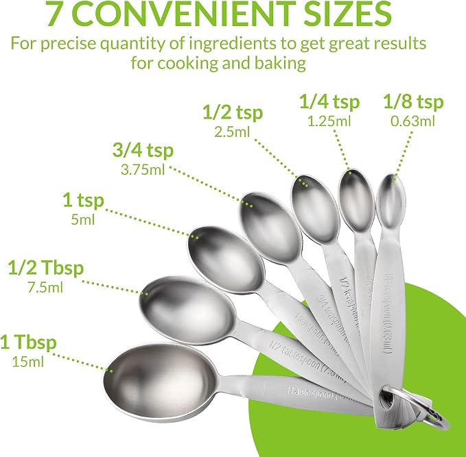 Spring Chef Stainless Steel Measuring Spoons Set of 7 with Leveler | Oval Metal Teaspoon & Tablespoon Measuring Spoons for Dry & Liquid Ingredients, Nesting Metric Spoons with Long Handle