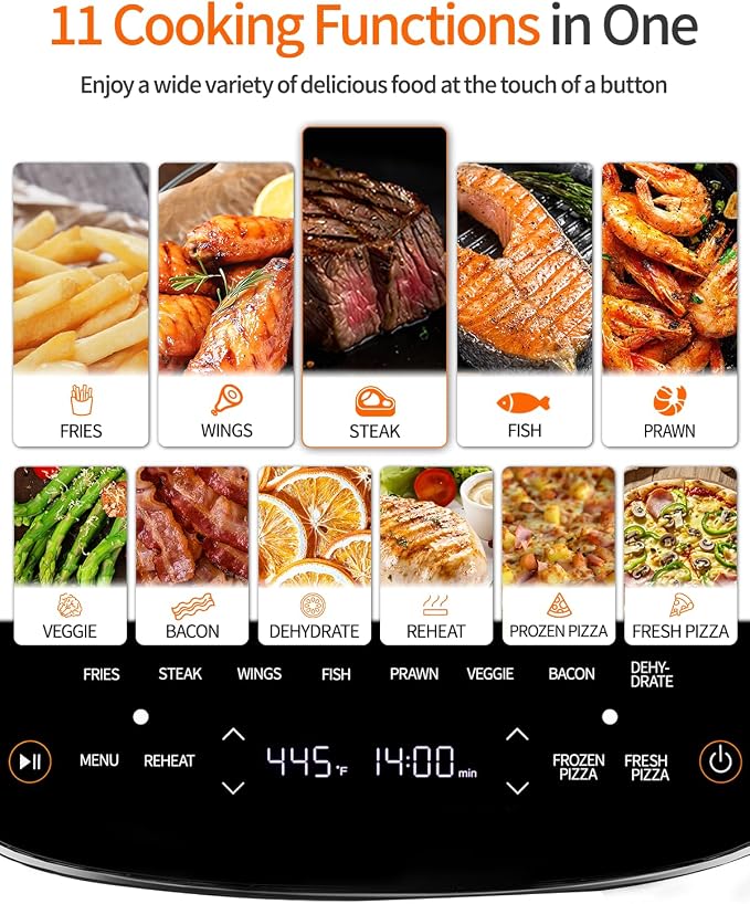 11-in-1 Large Air Fryer, 6QT Airfryer Top & Bottom Heating, No Flip Needed | Flat Wide Air fryer Fits 12" Pizza or Steaks 2X Faster Heating Quiet 50dB Family Size 270° View Window Easy to Clean Nontoxic