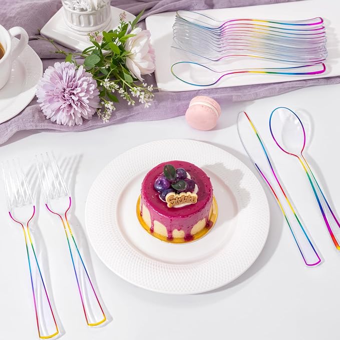 180 PCS Rainbow Plastic Silverware - Clear Colorful Cutlery Disposable Heavy Duty Include 60 Forks, 60 Knives and 60 Spoons - Colorful Disposable Utensils for Trolls Party/Birthday Party