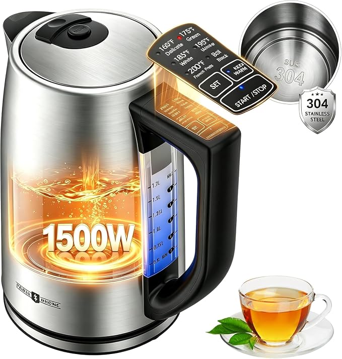 1.7L Electric Tea Kettle, 6 Precise Temperature Presets Stainless Steel Electric Kettle Temperature Control,1500W Fast Boiling Hot Water for Oolong & Green Tea with Strix Control