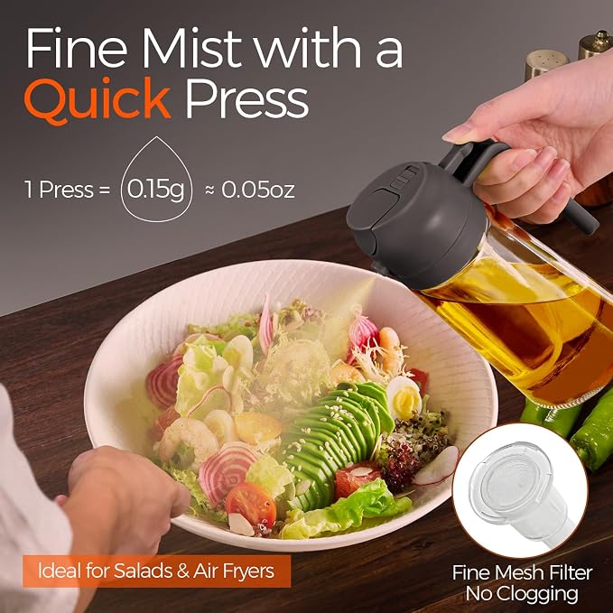 YARRAMATE 16 oz 2-in-1 Glass Olive Oil Sprayer for Cooking, Grey | Food-grade dispenser bottle, 470 ml, spray and pour, portion control, stickers included, for salad, frying and BBQ