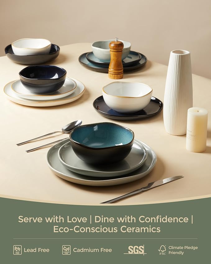 Plates and Bowls Sets, 16 Pieces Dinnerware Set for 4 with Pasta Bowls, Handmade Dishes Set, Chip Resistant Dishware Sets, Microwave Safe Dinner Set, Designed for Interactive Meals, Gray Green