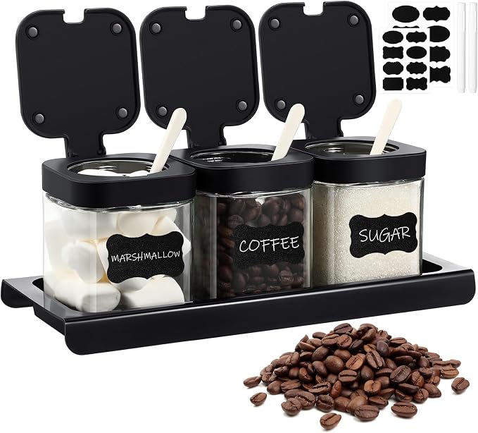 3 Pcs Glass Coffee Containers Coffee Station Organizer Set, Airtight Bean Storage Jars with Shelf,labels,spoon, Base and Pen,for Sugar, Candy, Oats, Nuts(Black)