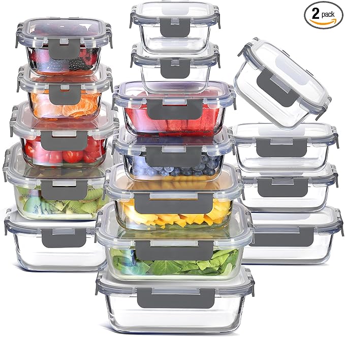 EATEX 32pc Glass Storage Containers with Lids, 16 Glass Food Storage Containers with 16 Airtight Lids for Pantry & Kitchen, Meal Prep Containers for Lunch, Oven Freezer Microwave & Dishwasher Safe