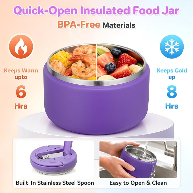 Bento Lunch Box for Kids with 8oz Soup Thermo,Kids Leakproof Lunch Food Containers with 4 Compartment,Kid Insulated Thermo Hot Food Jar for School,Trvael-Purple