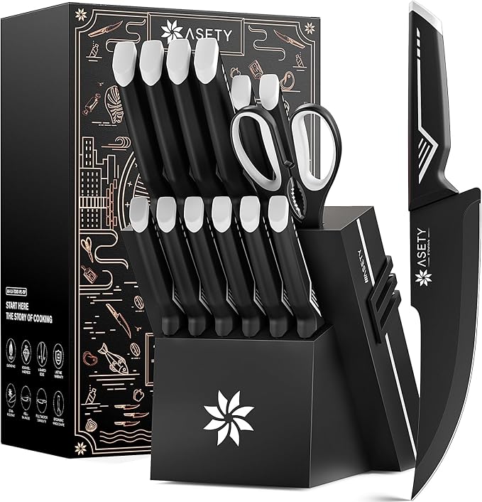 ASETY Kitchen Knife Set, 15 PCS Knife Block Set, Dishwasher Safe, White | Razor Sharp Knives, Wood Knife Block with Built-In Sharpener, Stainless Steel, Ergonomic Handle, Elegant Box for Men Women