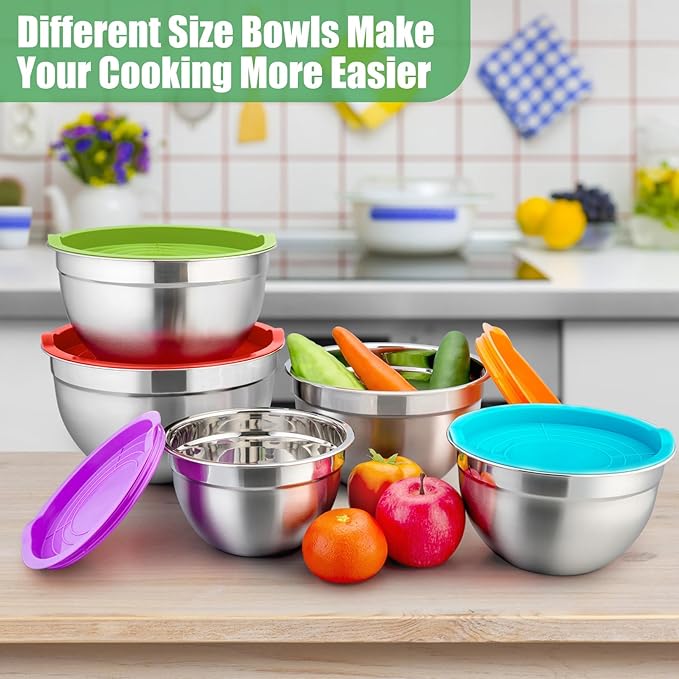 P&P CHEF Metal Mixing Bowls with Lids Set, Airtight Lids & Multicolor | 5 PCS Stainless Steel Mixing Nesting Bowls for Kitchen Prepping, Storing, Healthy & Easy Clean, Size 4.6, 3, 1.5, 1, 0.7 QT