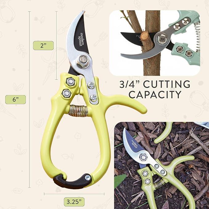 Modern Sprout Bypass Hand Pruners - Scissors - Gardening Tools - Chartreuse | Lightweight Pruning Tool W/ Easy-Lock - Sharp Bypass Carbon Steel Blade - Rust-Resistant - Reusable Holster for Storage