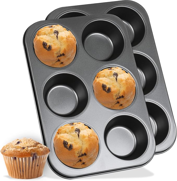 Jumbo Muffin Pan 2-Pack 6-Cups Cupcake Pan, Premium Large Muffin Tin for Baking, Non-Stick and Thickened Carbon Steel Jumbo Cupcake