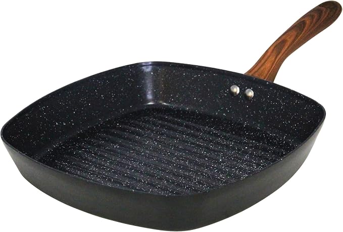 IMUSA 11 Inch Madera Aluminum Black Ceramic Square Grill for Vegetables | Ceramic Nonstick, Glass Lid with Helper Handle, Deep Sauté Pan, Ideal for Family Cooking