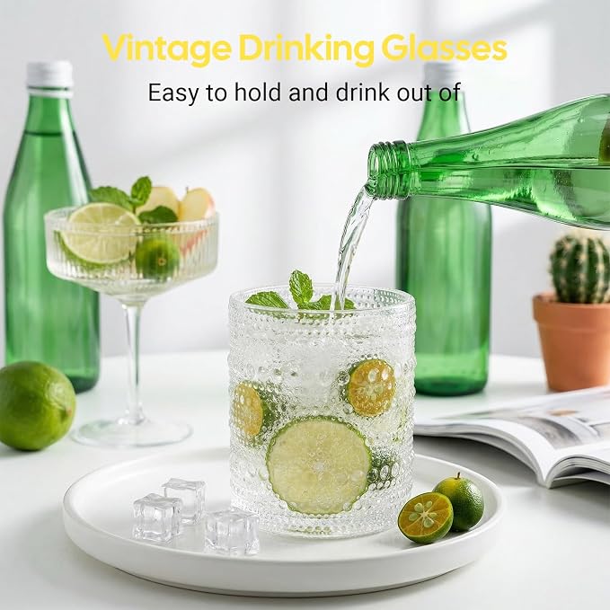 10 oz Hobnail Drinking Glasses,12 Pack Embossed Clear Tumblers | Vintage Glassware Beverage Set for Cocktails, Water, Beer & Juice