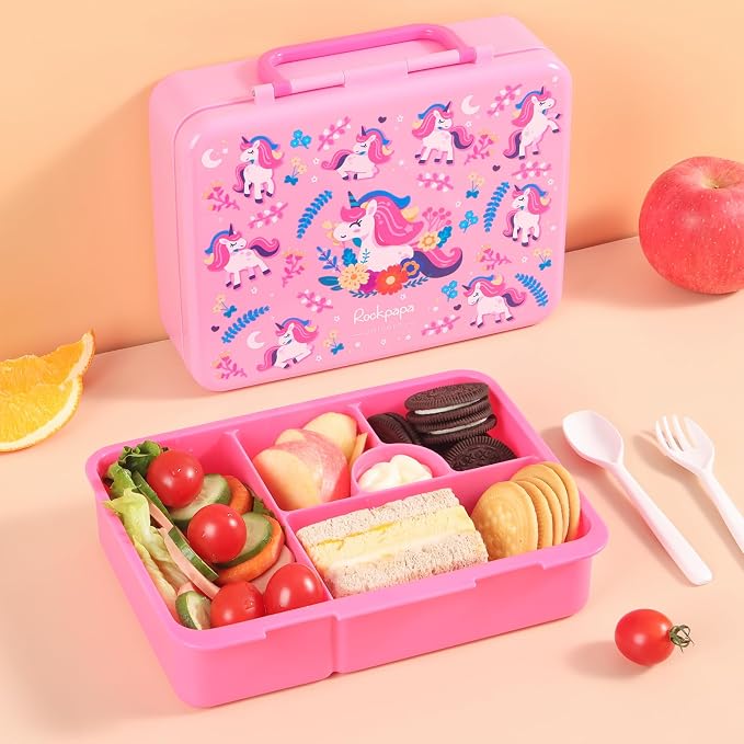 rockpapa Bento Box for Kids - Large 5.5 Cups Lunch Box with Utensils - 5 Compartments, BPA-Free, Leak Proof, Portable Handle for Boys Girls, Microwave/Dishwasher Safe (Pink Unicorn)