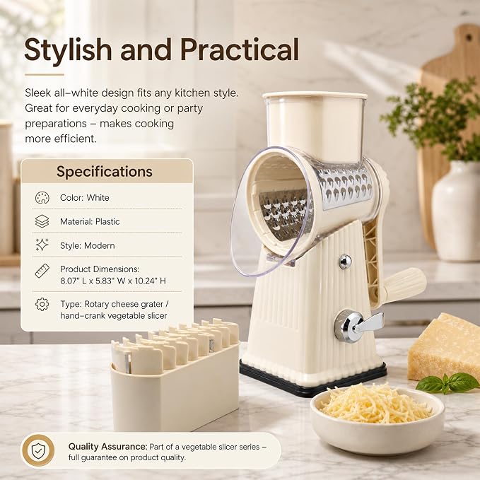 JA&MIU Rotary Cheese Grater with Handle, 5 Well-designed Blades | Strong Suction Base, Round Mandoline Slicer with Blade Storage Box & Kitchen Mandoline Vegetable Slicer (Off-white)