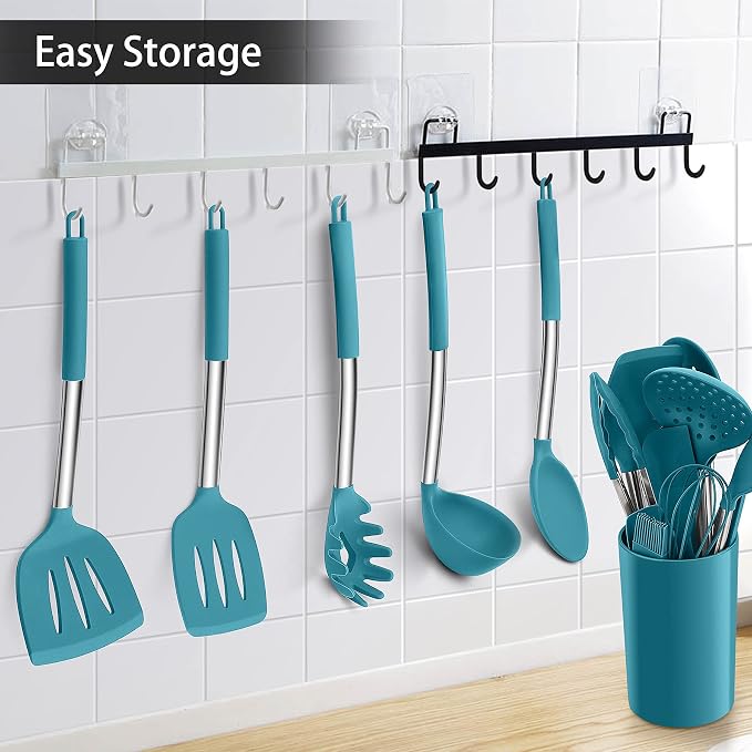 LIANYU 15-Piece Kitchen Cooking Utensils Set with Holder | Silicone Kitchen Tools Stainless Steel Handle, Slotted Spatula Spoon Turner Tong Whisk Brush for Cooking, Dark Blue