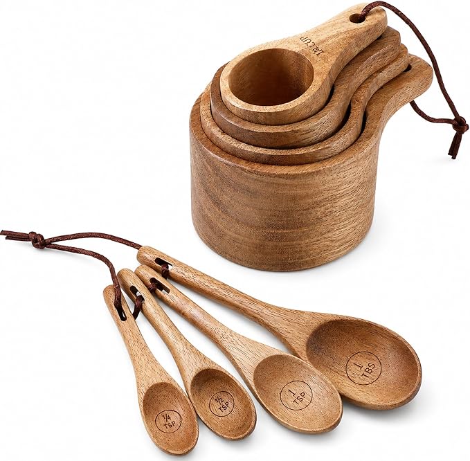 8 Piece Wooden Measuring Cups and Spoons Set, Solid Acacia Wood | Laser Engraved Measurements, Acacia Wood Measuring Cups, Natural Wood Kitchen Accessories, Perfect for Baking and Cooking