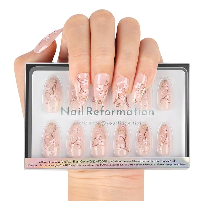 Nail Reformation Press On Nails, Soft Sakura | Floral Medium Almond 30 Pcs | 15 Sizes Fake Nails with Gold Flecks on Sheer Nude Base Salon Quality Reusable Stick On Nails False Nail Kit Gifts for Women