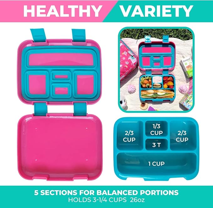 kinsho Kids Bento Lunch Box Set with Thermo, Bag & Ice Pack, Pink Unicorn | 5 Compartments, Removable Tray, Small Meal Snack Container for Kids Toddlers, Daycare Pre-School Kindergarten, Steel Food Jar