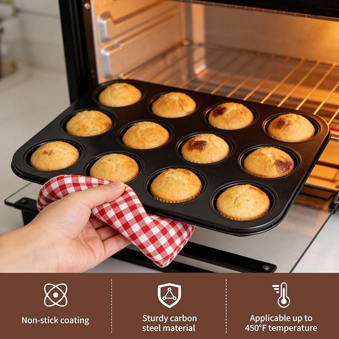 2 Pack 12-Cup 4/6/24/48 Cups Mini Muffin Pan, Heavy-Duty Carbon Steel Nonstick Cupcake Baking Pan, 1.54” Small Size Cups, Even Heat Distribution, Oven & Dishwasher Safe