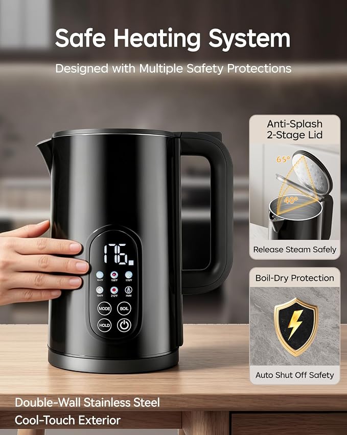 1.7L Stainless Steel Electric Kettle with Temperature Control–Black | 5 Preset Temperatures for Tea & Boiling Water, 2H Keep Warm, 1200W BOIL Mode, 304 Stainless Steel Interior, Cordless Base