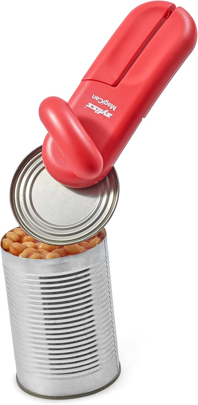 Zyliss MagiCan Manual Can Opener with Lid Release - Heavy Duty Can Opener Kitchen Gadgets - Home Manual Tin Open - Easy to Use Hand Held - Effortlessly Open Cans - Compact Design - Red