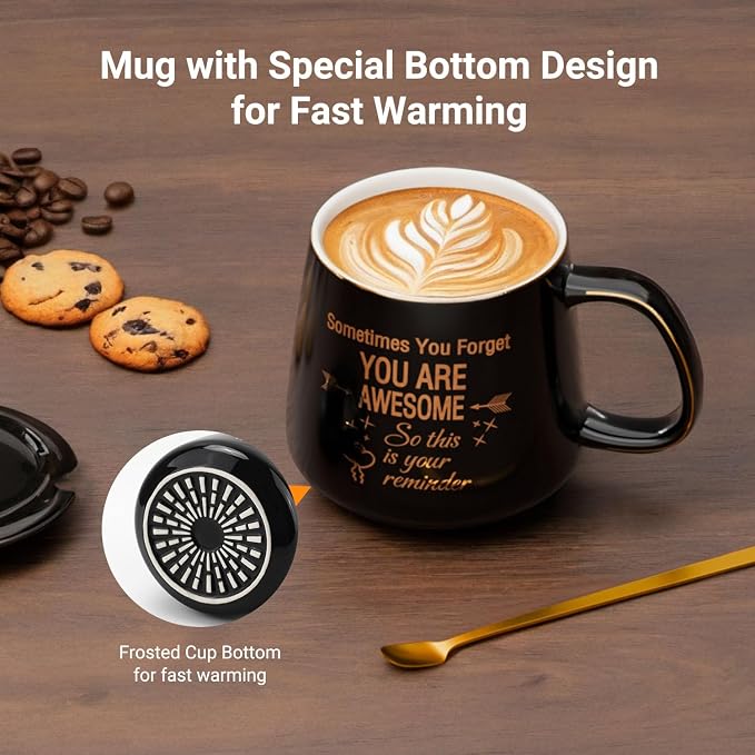 Coffee Mug Warmer & You are Awesome Mug Set, Electric Cup Warmer for Desk | Beverage Warmer Plate for Coffee, Tea, 4 Temperature Setting, 8-Hours Auto Shut Off, 14oz Mug with Spoon & Lid Included