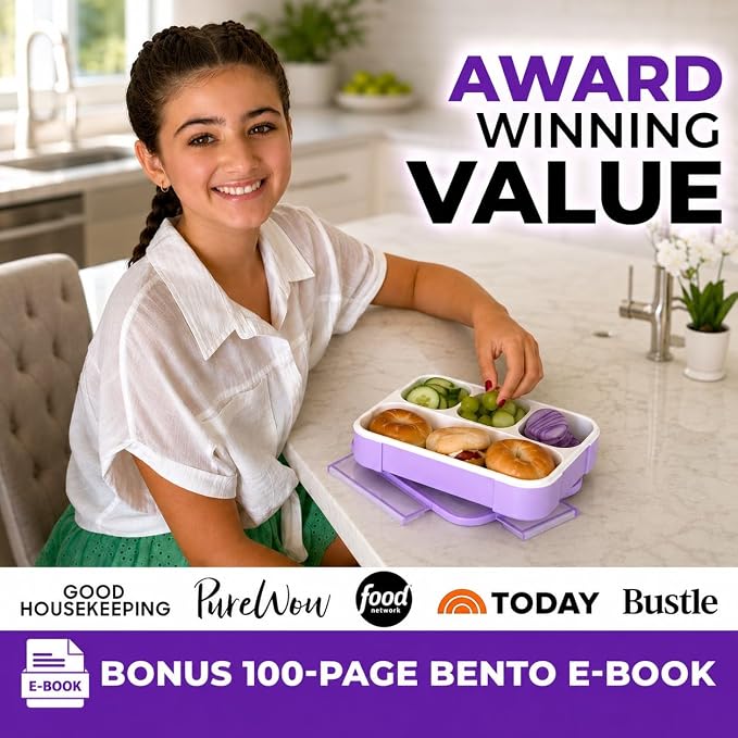 kinsho Bento Lunch Box for Kids Women Adults Girls School Work | Snack Containers for Toddlers Tweens | 4 Divided Sections for Portion Control includes Utensils BPA Free | Purple