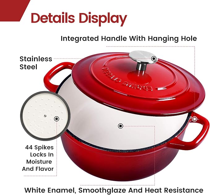 EDGING CASTING Enameled Cast Iron Dutch Oven, 5.5 Quart, Round Dutch Ovens Pot with Dual Handle for Bread Baking, Dutch Ovens with Lid, Bread Oven, Red
