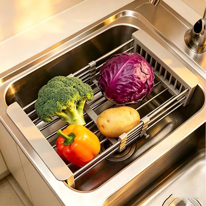 Expandable Sink Dish Drying Rack, Stainless Steel & ABS Sink Colander, Adjustable, Non-Slip, Over The Sink Storage Rack for Kitchen Fruit, Vegetable and Dish Drying (Black, Large)