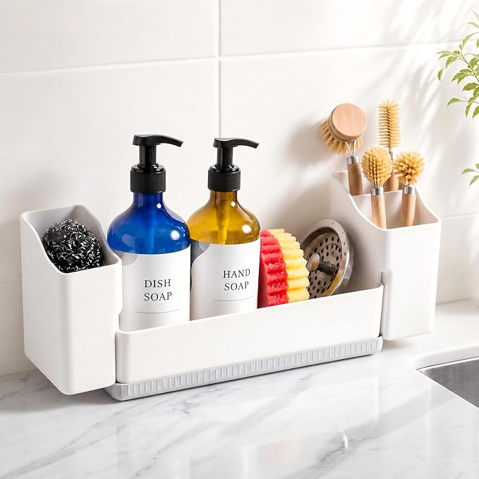 Sponge Holder for Kitchen Sink with Drying Stone, White | Kitchen Caddy Sink Organizer, 2 Removable Cups, Premium ABS, Anti-Slip, 12.7" Sponge and Soap Holder for Kitchen Counter