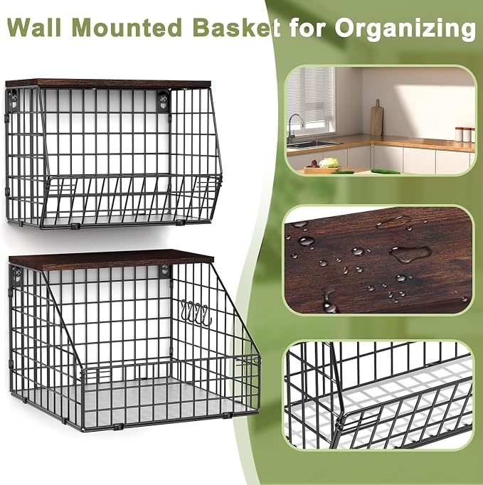 Fruit and Vegetable storage, 2 Set Wall Mounted Wire Baskets, Fruit Basket for Kitchen Counter, Hanging Fruit Basket, Potato Onion Basket, Wire Basket for Organizing, Countertop Organization Pantry