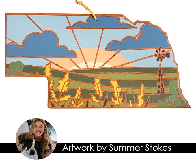 Totally Bamboo Nebraska State Shaped Cutting Board, Summer Stokes Art | State charcuterie board with colorful hand-drawn landscape art. Smooth reverse side for food prep. Hang tie for wall display.