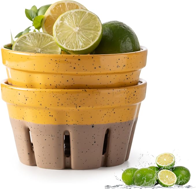 Gomakren Ceramic Berry Bowl Set of 2 Harvest Fruit Basket, Yellow + Brown | Drain Holes Keep Berries Fresh, Stackable, Wash & Serve | 5.8In Round Strawberry Grape Cherry Basket, Farmhouse Kitchen Decor