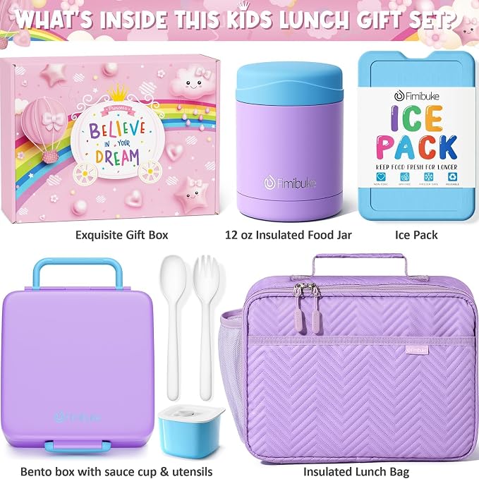 Fimibuke Kids Bento Snack Lunch Box with Thermo Insulated Toddler Lunch Bag | Lunch Box Kids with 4 Compartment, Food Jar, Ice Pack, Utensils, Birthday Gifts for Ages 3-12 Back to School Toddler Girl Boy