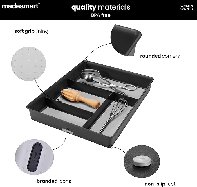 madesmart Classic 4 Compartment Drawer Organizer, Granite | non slip feet, rounded corners, soft grip base, open sections, cords tech accessories, office craft supplies, woman owned