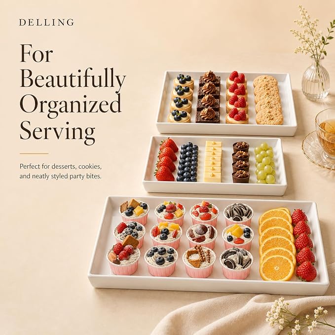 Delling Large Serving Platter, 16/14/12 Inch Rectangular Serving Trays for Serving Food, Serving Tray for Party - Set of 3, White