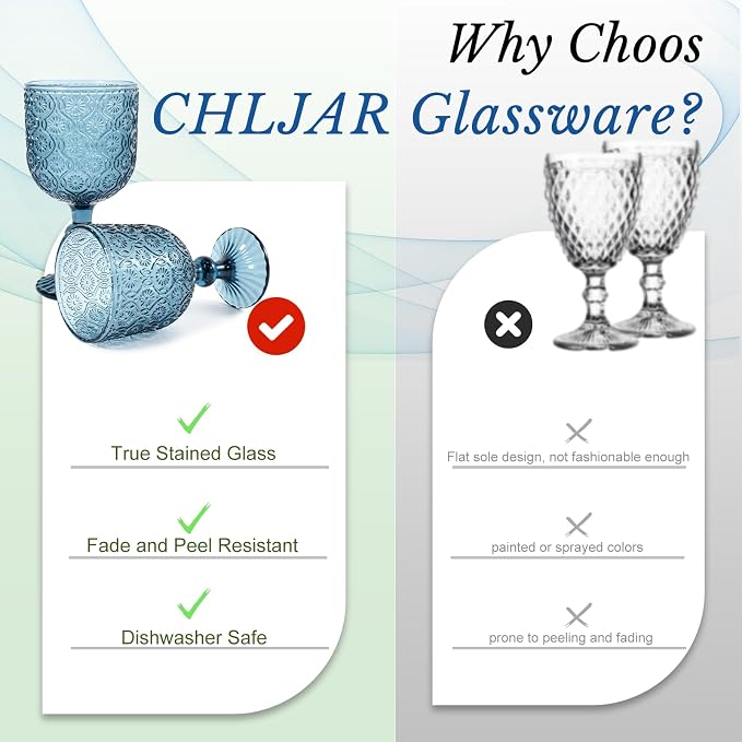 CHLJAR Colored Wine Glass Goblet Set of 6, 14 oz Blue Goblets Glassware, Blue Vintage Glassware for Weddings, Parties, Restaurants, Family Gatherings, Bars, Cafeterias, Dishwasher Safe
