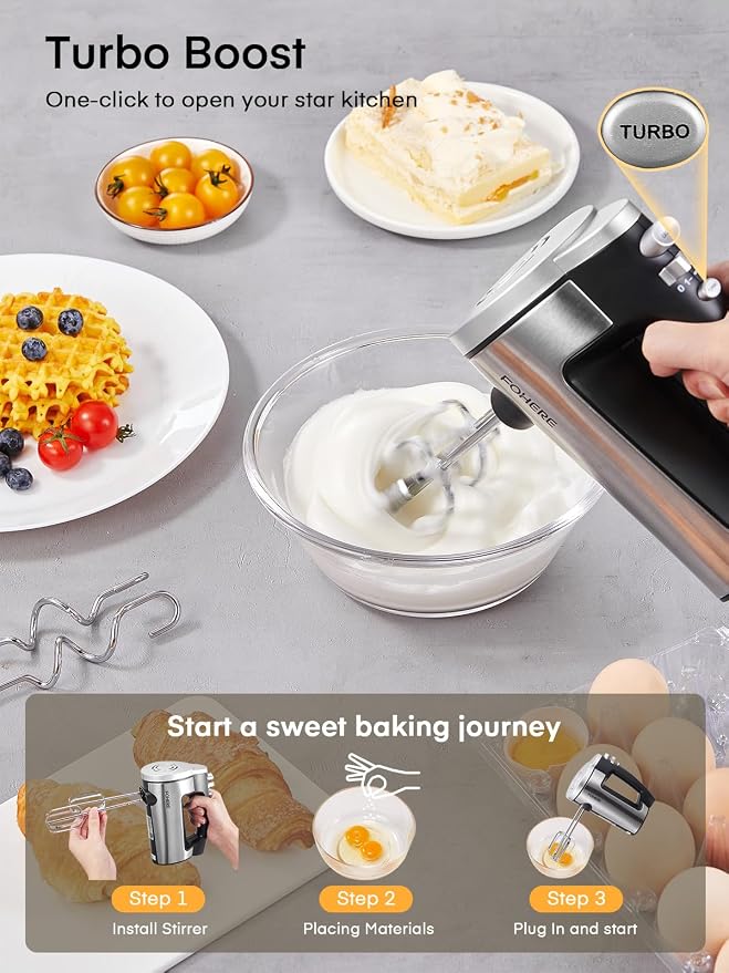 Hand Mixer Electric Handheld, 6 Speed & Turbo Electric Mixer, 300W Handheld Mixer with 2 Stainless Steel Whisk and 2 Dough Hook for Whipping, Mixing Cookies, Brownie, Cakes, Dough Batters, Silver