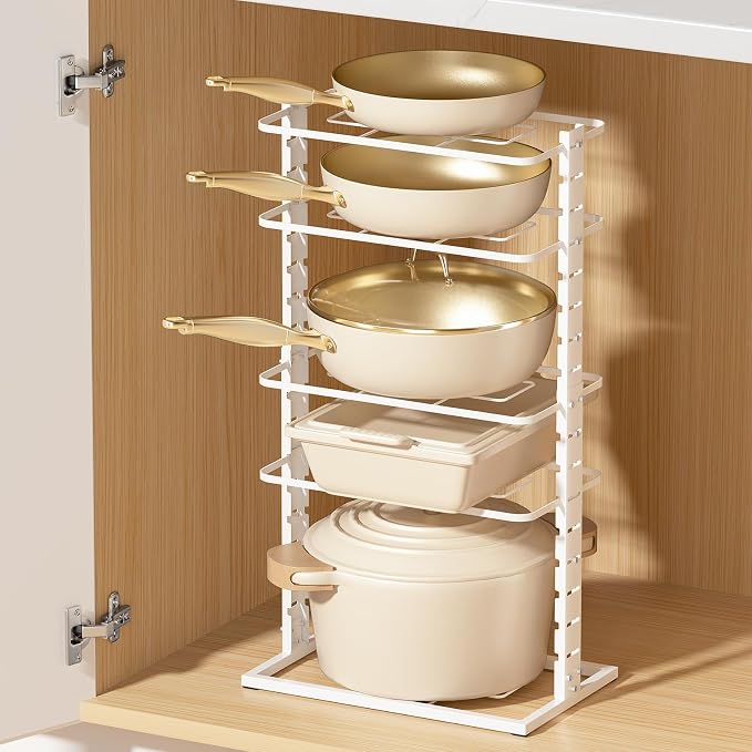 LAMU Pots and Pans Organizer Under Cabinet, 5 -Tier Dual-Pillar Design | Adjustable All-Metal Rack Stores Pots, Pans And Lids in Cabinets, on Countertops or Under Sinks, Holding Up to 55 Lb White
