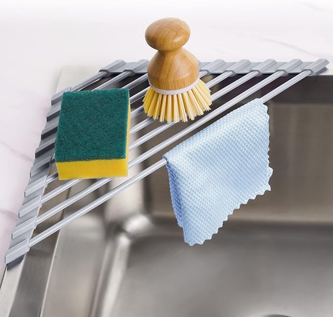 Tomorotec Triangle Roll Up Dish Drying Rack with Silicone Coating, Gray | 304 Stainless Steel with BPA-Free Silicone, Triangle Design Maximizes Sink Corner Space, Fits Compact Kitchens And RVs