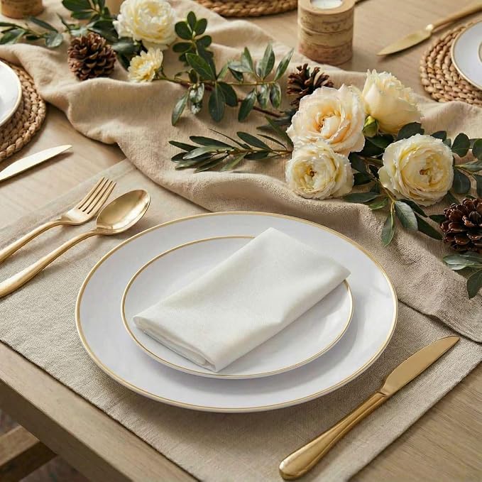150 Gold Plastic Plates, White and Gold Disposable Plates for Party | Gold Plastic Plates ,White Plates with Gold Rim Set Include 30 Dinner Plates,30 Dessert Plates,90 Gold Cutlery for Wedding