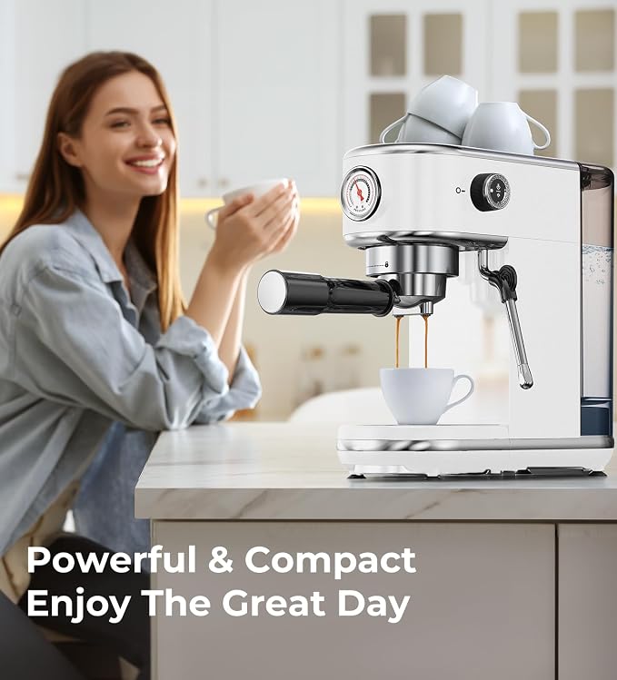 atatix 20 Bar Espresso Machine with Milk Frother, Compact Espresso Maker | Stainless Steel Coffee Machine with Precise Temp Control, 44oz Removable Water Tank for Latte, Cappuccino, White
