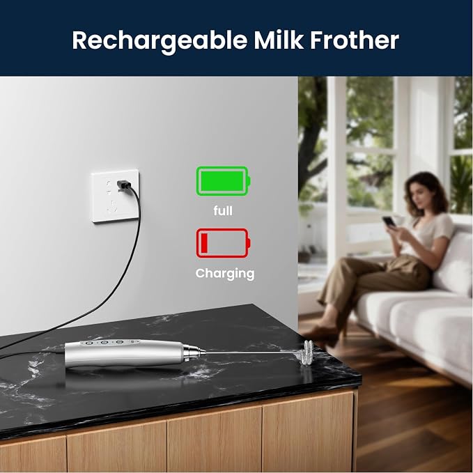 Milk Frother Wand Rechargeable Handheld Electric Whisk 3 Speed Adjustable | Coffee Frother Wand with 3 Stainless Whisks Electric Foam Maker Drink Mixer Blender for Latte Cappuccino Matcha Egg